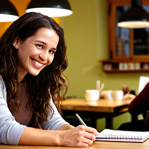 Home 11 **Image Prompt:** A cozy, warmly lit cafe scene. A woman sits across from a researcher/interviewer, both smiling genuinely. The interviewer is subtly leaning forward, listening attentively. On the table between them, there's a coffee cup and a notebook with a pen. The overall atmosphere is relaxed and friendly. The background is blurred, suggesting focus on the interaction. This visualizes the "Creando un Ambiente de Confianza: El Arte de la Conversación Relajada" section.