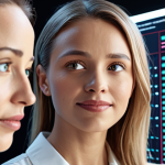 Dynamic visual representing AI-powered customer understanding. Diverse individuals' interactions and emotions are overlaid with sophisticated data streams and predictive algorithms. A central AI interface subtly reveals insights into "why" customers buy and "how they feel," emphasizing empathy, anticipation, and human-centric technology. Modern, clean aesthetic with vibrant data visualization.