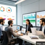 고객 니즈 리서치를 위한 문서화 및 보고서 작성 - A modern office setting with a diverse team of professionals analyzing colorful, interactive data da...
