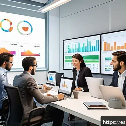 고객 니즈 리서치를 위한 문서화 및 보고서 작성 - A modern office setting with a diverse team of professionals analyzing colorful, interactive data da...