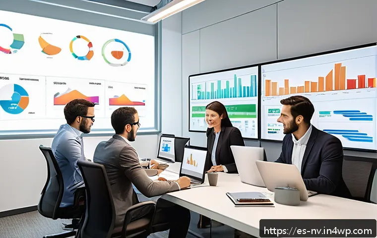 고객 니즈 리서치를 위한 문서화 및 보고서 작성 - A modern office setting with a diverse team of professionals analyzing colorful, interactive data da...